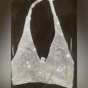 Zara White Sequin Floral Crop Top/ Size S